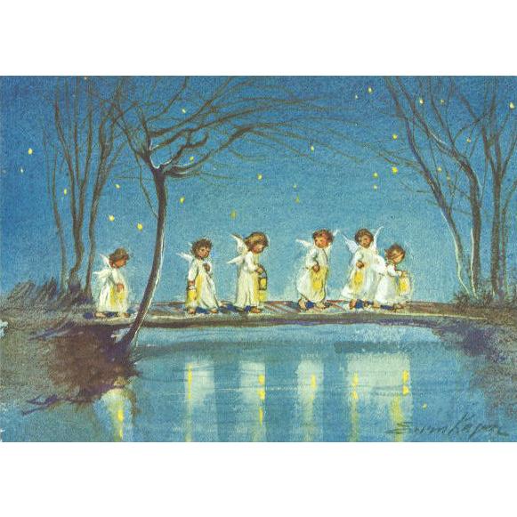 ポストカード クリスマス アート ケーガー ランタンを持った6人の天使 148×105mm メッセー...