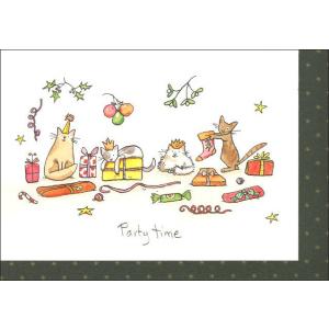グリーティングカード クリスマスカード パーティータイム メッセージカード 封筒付き 緑柄 猫