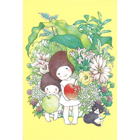 ポストカード イラスト 山田雨月 リンゴを持った子どもたちと子猫 100×148mm メッセージカー...