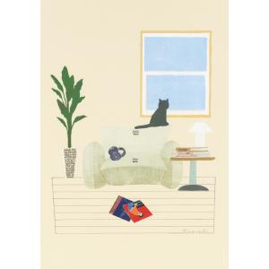 ポストカード 山田和明 Cat in the living room 105×150mm 郵便はがき 絵本作家 楽器 イラスト