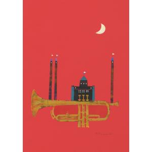 ポストカード 山田和明 赤い夜 105×150mm 郵便はがき 絵本作家 楽器 イラスト