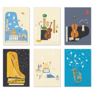 ポストカード6枚セット 山田和明 105×150mm 絵本作家 水彩画 イラスト おしゃれ 楽器 動物 メッセージカード 郵便はがき