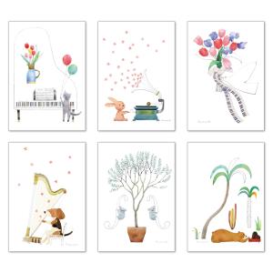 ポストカード6枚セット 山田和明 105×150mm 絵本作家 水彩画 イラスト おしゃれ 楽器 動物 メッセージカード 郵便はがき