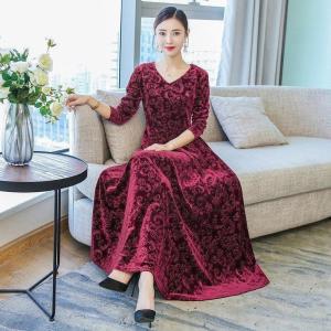 ベロア ワンピース パーティードレス 結婚式 長袖 マキシ丈ワンピ 秋冬 レディース フラワー柄 エレガント Aライン ロングドレス フレア
