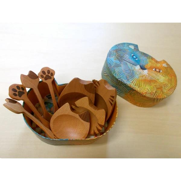 ねこ大好き 食器セット-1 木製 全8点セット 箱の横幅17cm 猫型貼箱 無料ラッピング まめざら...