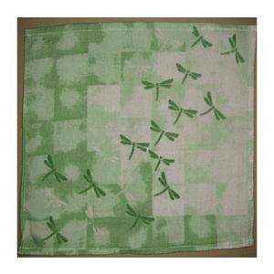 トンボ柄（グリーン）ガーゼミニタオル　２５．５ｃｍｘ２５．５ｃｍ　白色ケース（１３．３ｃｍｘ１４ｃｍｘ厚み１．５ｃｍ）入り