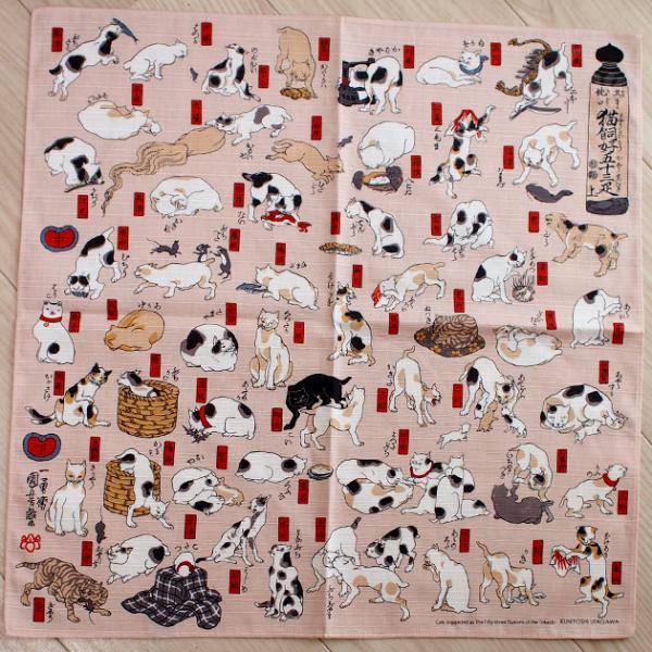 猫柄 小風呂敷 猫飼好五十三匹（みょうかいこうごじゅうさんびき） 歌川国芳 シャンタンチーフバンダナ...