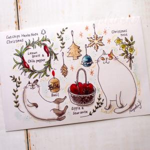 猫のポストカード 吉沢深雪 Cat Chips Herbs Note Christmas クリスマスカード 絵葉書 絵はがき 文房具 ステーショナリー 猫雑貨 雑貨 ネコグッズ ねこ キャット｜yukinekoya2