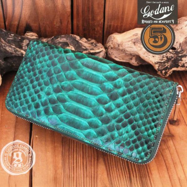 【ダイヤモンドパイソン使用】長財布 メンズ ラウンドファスナー 本革 蛇革 グリーン×タン シルバー...