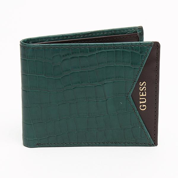 メンズ財布 人気ブランド ゲス-GUESS- クロコ型押し グリーン スリム 2つ折り レザー財布 ...