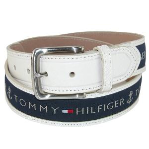 メンズベルト 人気ブランド トミーヒルフィガー TOMMY HILFIGER ホワイト系 本革 ロゴ刺しゅう カジュアルベルト 38mm USA直輸入モデル 送料無料 得トク2WEEKS｜悠久の旅人の店