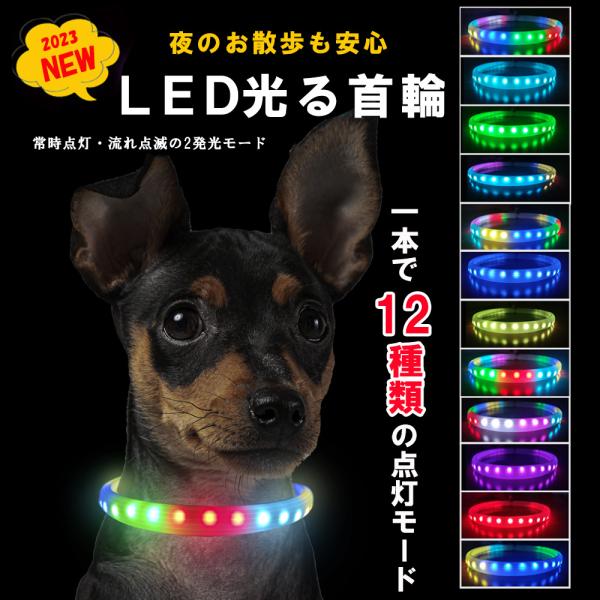 首輪 光る 犬 散歩用 夜 レインボー LED ライト USB 充電式 シリコン 防水 柔らかい ソ...