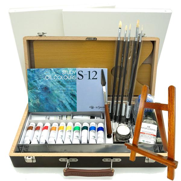 ゆめ画材 限定 クサカベ 油絵セット 一式 木箱 キャンバス2枚付き＆木製イーゼル付き