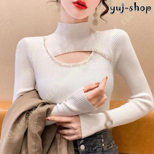 【大特価】可愛い ス レディース 胸開き セーター タートルネック カットソー 長袖 タイト 無地 ...