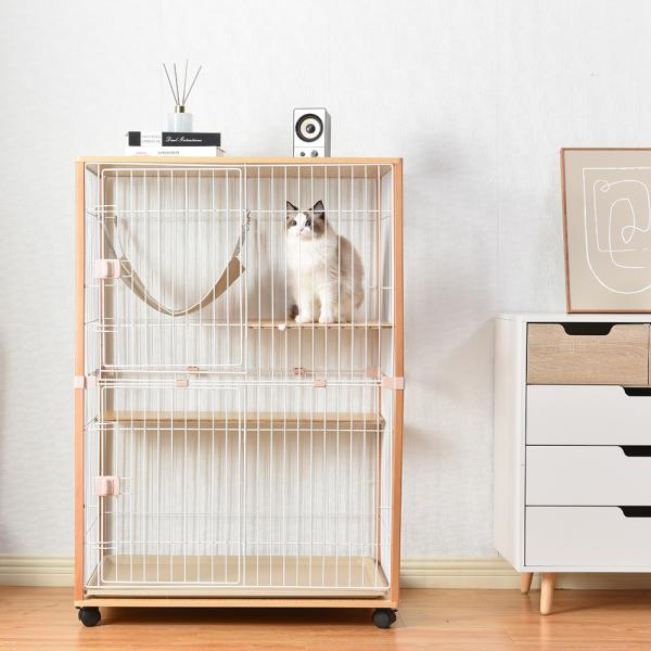 猫 ケージ 2段 木製 キャスター付き キャットケージ 大型 多頭飼い 組立簡単 木製フレーム 高級...