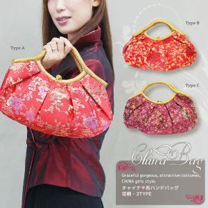 チャイナ風 ハンドバッグ 布製 赤/紫 花柄&紋...の商品画像