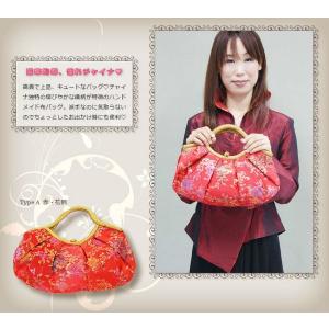 チャイナ風 ハンドバッグ 布製 赤/紫 花柄&...の詳細画像1