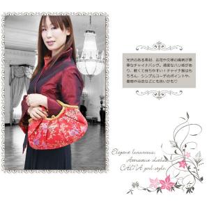 チャイナ風 ハンドバッグ 布製 赤/紫 花柄&...の詳細画像3