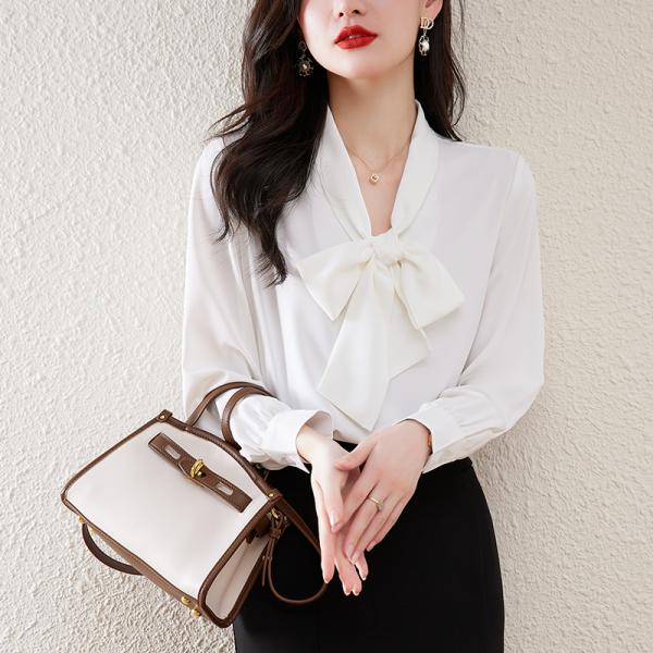 リボン シフォンシャツ レディースシャツ 長袖 カジュアル 無地 通勤 しなやか トップス Vネック...