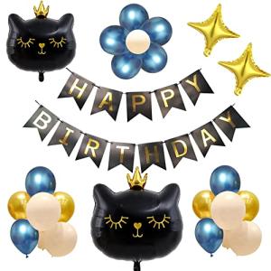 Mainiusi 誕生日 飾り付け バルーンセット 男の子 女の子 黒猫 風船 HAPPY BIRTHDAY ガーランド ゴールド 動物 ペット