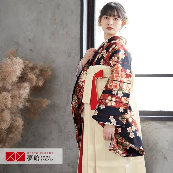 袴 レンタル 小学生 黒 矢羽根に牡丹(G551) 卒業式 女の子 ジュニア AG012