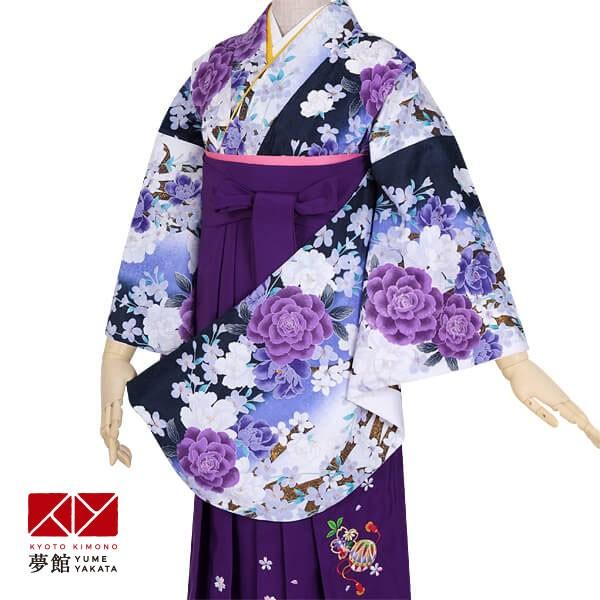 袴 レンタル 小学生 紺 牡丹と桜のブーケ(G554) 卒業式 女の子 ジュニア AG017
