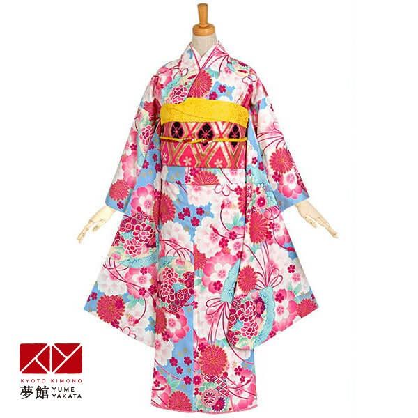 ジュニア振袖 レンタル ジャパンスタイル水色　桜と桧扇 小学生 中学生 十三参り 結婚式 フルセット...