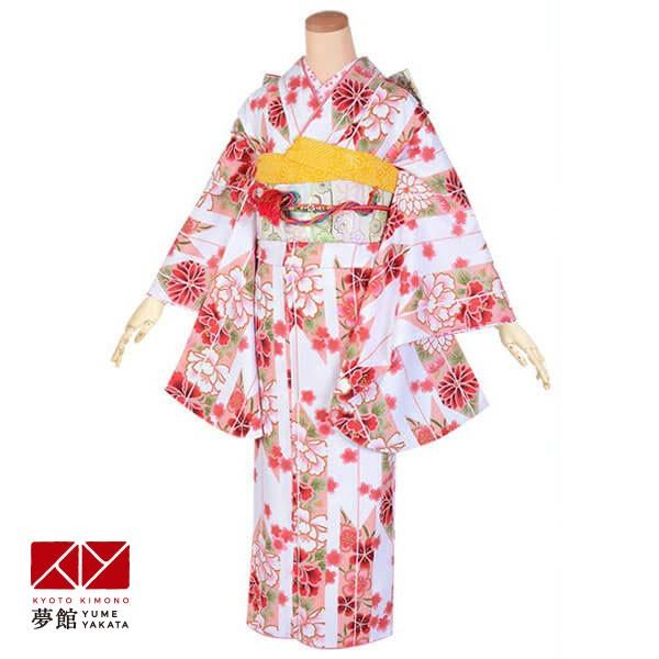 ジュニア振袖 レンタル 白・赤　矢羽根に牡丹(G556) 小学生 中学生 十三参り 結婚式 フルセッ...