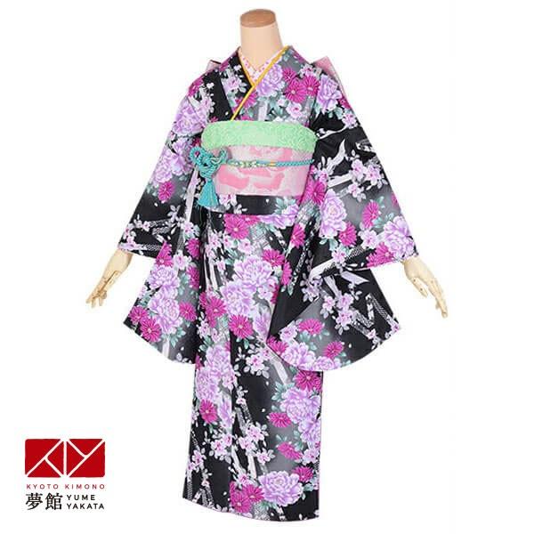 ジュニア振袖 レンタル 黒　牡丹とリボン(G562) 小学生 中学生 十三参り 結婚式 フルセット ...