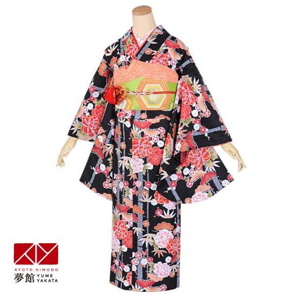 ジュニア振袖 レンタル 黒　松竹梅に牡丹(G561) 小学生 中学生 十三参り 結婚式 フルセット ...