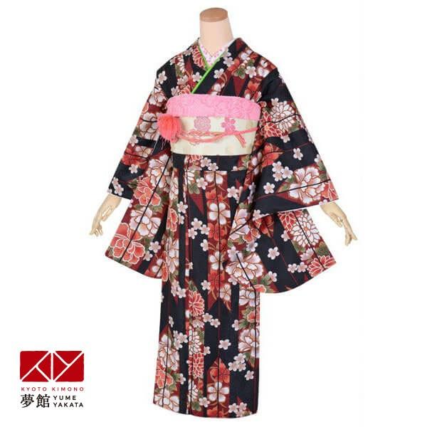 ジュニア振袖 レンタル 黒　矢羽根に牡丹(G551) 小学生 中学生 十三参り 結婚式 フルセット ...