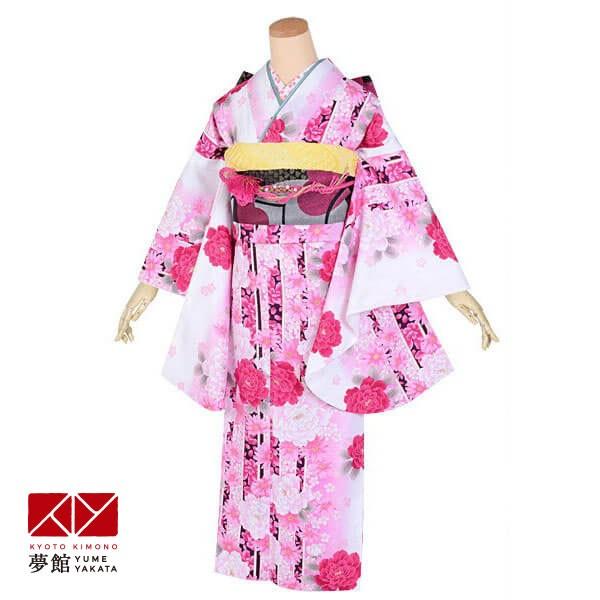 ジュニア振袖 レンタル 白・ピンク　牡丹とマーガレット(G552) 小学生 中学生 十三参り 結婚式...