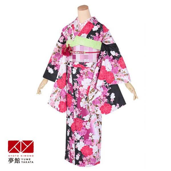 ジュニア振袖 レンタル 黒　牡丹と桜のブーケ(G555) 小学生 中学生 十三参り 結婚式 フルセッ...