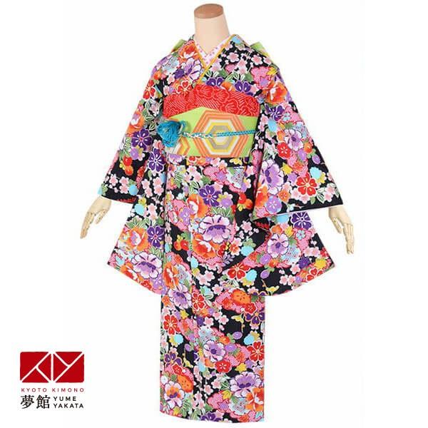 ジュニア振袖 レンタル 黒 雲取かのこ柄に牡丹(G596) 小学生 中学生 十三参り 結婚式 フルセ...