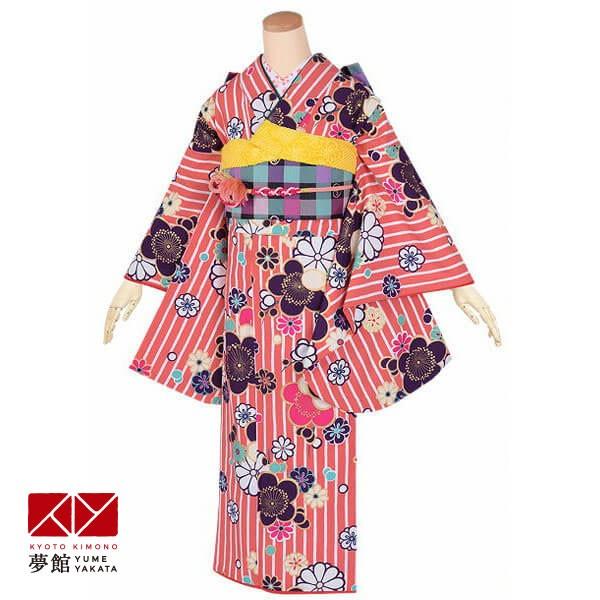 ジュニア振袖 レンタル 九重ピンク　縞に梅文様(G547) 小学生 中学生 十三参り 結婚式 フルセ...