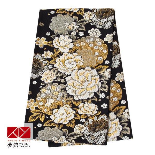 帯 レンタル 正絹 振袖用帯 黒 牡丹に雪輪取り B1070