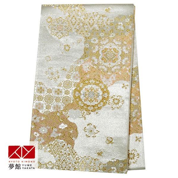 帯 レンタル 正絹 訪問着用帯 銀 華文に道長取り B1117