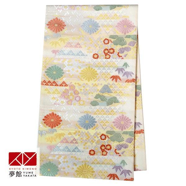 帯 レンタル 正絹 訪問着用帯 クリーム 鱗に松竹梅と菊文 B1118