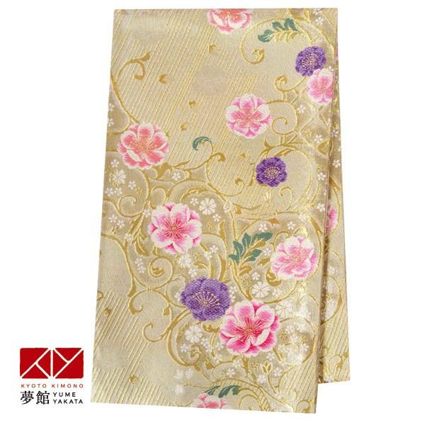 帯 レンタル 正絹 引振袖用帯 白金 唐草に八重桜 B1166