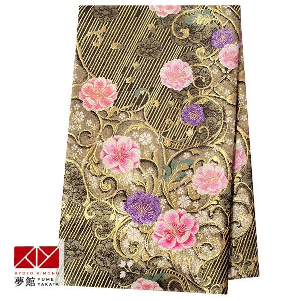 帯 レンタル 正絹 引振袖用帯 黒金 唐草に八重桜 B1167