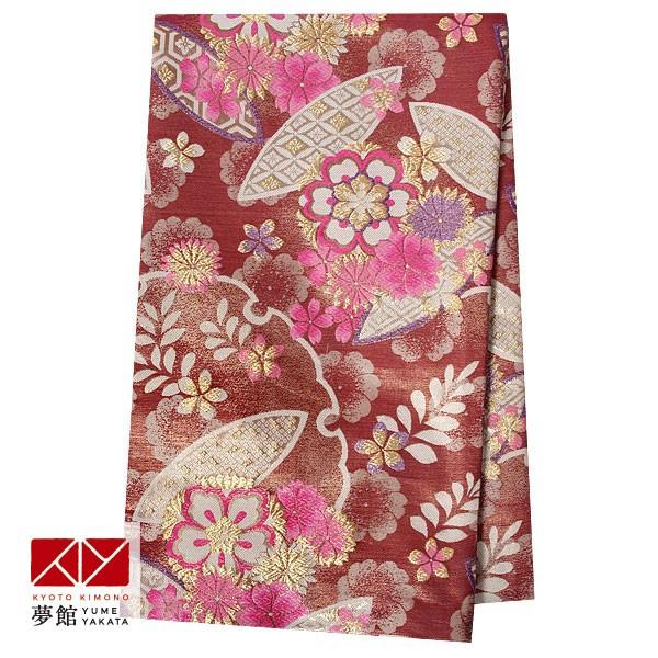 帯 レンタル 正絹 引振袖用帯 赤 雪輪と桜に崩し七宝 B1168