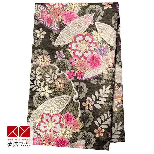 帯 レンタル 正絹 引振袖用帯 黒 雪輪と桜に崩し七宝 B1169