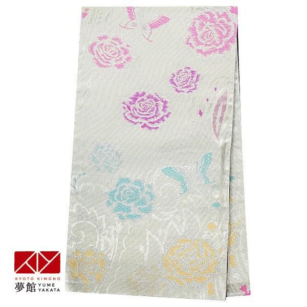 帯 レンタル 正絹 振袖用帯 白銀 薔薇と蝶 B1319