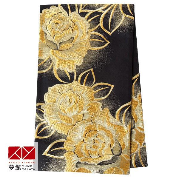 帯 レンタル 正絹 振袖用帯 黒金 大輪薔薇 B1422