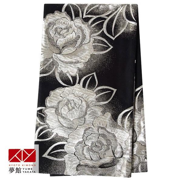 帯 レンタル 正絹 振袖用帯 黒銀 大輪薔薇 B1423