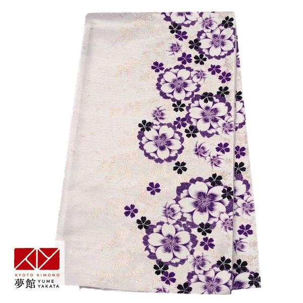 帯 レンタル 正絹 ジャパンスタイル ジュニア振袖用帯 クkリーム×紫 八重桜と小桜 B1711