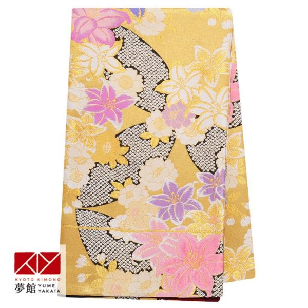 帯 レンタル 正絹 ジュニア振袖用帯 金 七宝に百合と桜 B1796