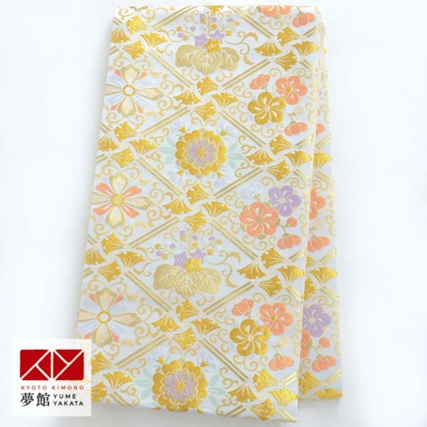 帯 レンタル 訪問着用帯 白 菱に唐花と桐・梅 B1870