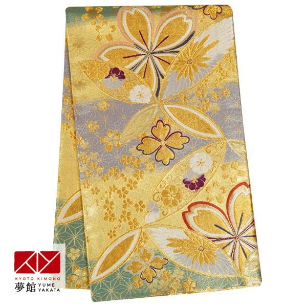 帯 レンタル 正絹 引振袖用帯 金 麻の葉模様に桜 B985