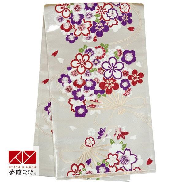 帯 レンタル 正絹 引振袖用帯 銀 梅と桜の花扇 B998